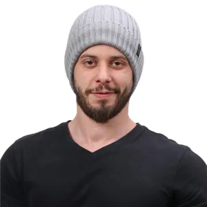 Men's winter knitted beanie hat warm fleece lined solid grey casual outdoor thermal caps