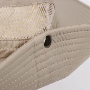 Khaki sun hat detail showing breathable mesh, precise stitching and metal snap button.