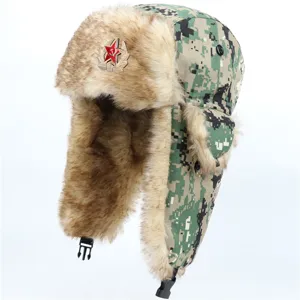 Kamuflage Ushanka Winter Trapper Hut Sowjet Abzeichen Verdickte Warme Ohrenklappe Mütze