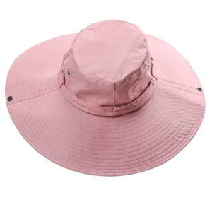 Pink wide brim sun hat, waterproof outdoor fishing hat, breathable summer hiking hat detail.