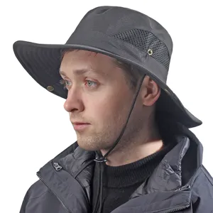 Unisex outdoor sun protection bucket hat in dark grey with breathable mesh and chin strap.