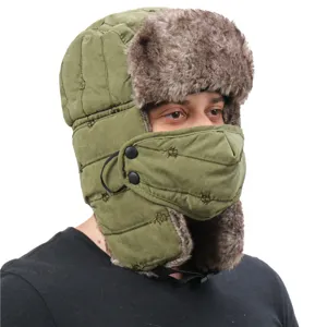 Gefütterte Winter-Trapper-Mütze mit Katzenstickerei, winddichter Gesichtsmaske und warmen Ohrenklappen.