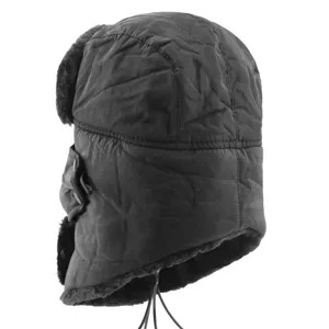 Detailed view of winter black fleece lined ushanka hat with earflaps and warm design.