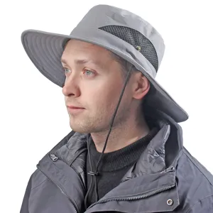 Closeup detail of the breathable summer sun hat showing wide brim and mesh ventilation vents.