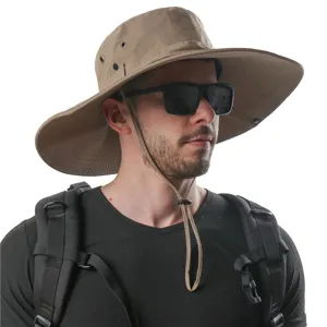 Unisex summer outdoor waterproof sun protection wide brim fisherman hat breathable khaki bucket hat