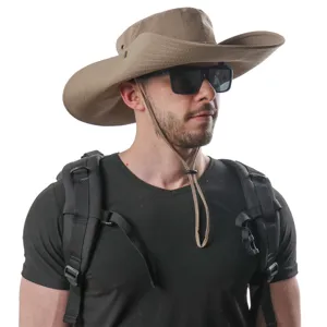 Detailed view of the wide brim khaki sun hat with adjustable wind rope for outdoor fishing.