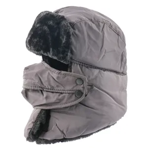 Winter thermal bomber hat with earflaps and windproof face mask in dark grey color.