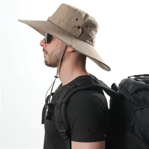Detailed view of wide brim sun hat for outdoor hiking and fishing with wind cord.