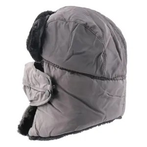 Winter warm bomber hat with ear flaps, thick fleece lining, windproof grey ushanka cap.