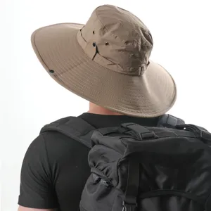 Unisex summer outdoor sun protection wide brim fisherman hat, breathable khaki bucket hat.