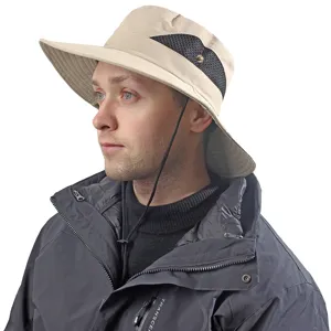 Khaki outdoor sun bucket hat with breathable mesh panels and adjustable chin strap for travel.