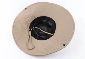 Detailed view of the khaki summer outdoor hiking sun hat with breathable mesh and chin strap.
