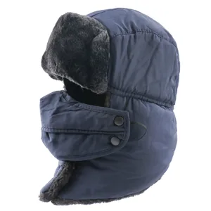 Thickened fleece winter bomber hat with earflaps and windproof mask for outdoor cold weather.