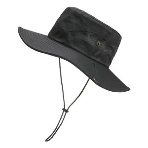 Black outdoor sun hat with breathable mesh panels and adjustable windproof chin strap.