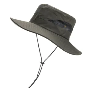 Outdoor sun hat detail showing breathable mesh panels and adjustable chin strap for hiking.
