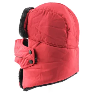 Red winter ushanka hat with earflaps and plush lining for outdoor cold weather cycling.