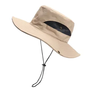 Khaki outdoor sun bucket hat with breathable black mesh and adjustable chin strap detail.