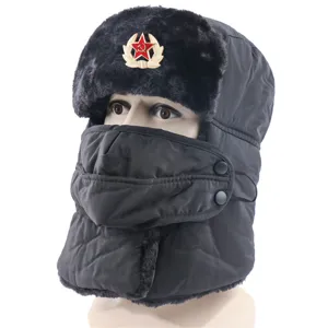 Winter warm ushanka hat with Soviet badge, thickened fleece windproof earflap for outdoor.