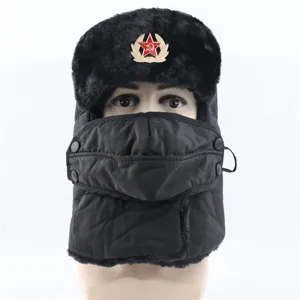 Winter black ushanka hat with badge, thickened fleece-lined windproof cycling ear-flap cap.