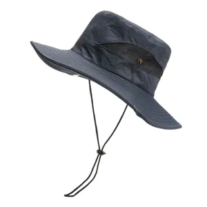 Dark grey breathable sun hat with chin strap, perfect for outdoor summer travel and daily wear.