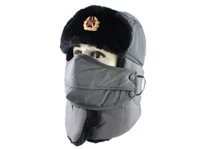 Grey winter ushanka hat with Soviet badge, thick warm fleece earflap cap for outdoor.
