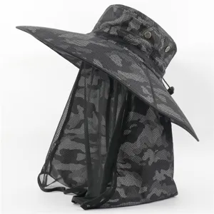 Detailed view of the black camouflage fishing hat with mosquito net veil and wide brim.