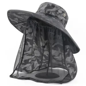 Detail view of black camo sun hat with mosquito net veil, wide brim outdoor fishing cap.