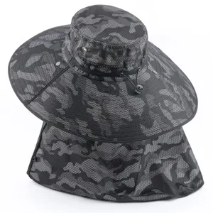 Detail view of the black camouflage sun hat with wide brim, breathable mesh and neck flap.