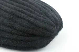 Close-up detail of black ribbed knit beanie winter warm wool hat texture display