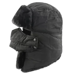 Black winter bomber hat with face mask, waterproof windproof earflap ushanka for cold weather.