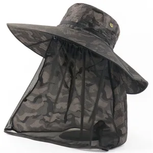 Camouflage bucket hat with wide brim and mosquito net veil for outdoor fishing and sun protection.