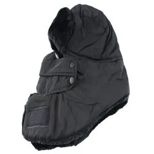 Black winter bomber hat with ear flaps, thick fleece lining, and front velcro patch.