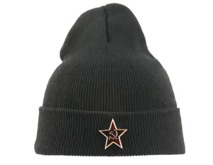 Black knit beanie with red star soviet badge, winter warm casual hip hop hat for unisex.