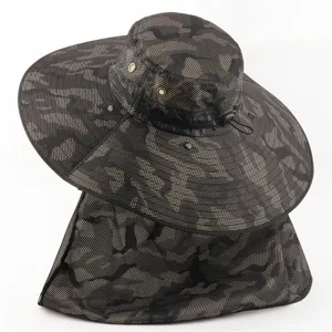Camo wide brim bucket hat with mesh neck flap, outdoor sun protection fishing cap.