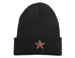 Soviet badge black knit beanie hat, vintage red star watch cap for men and women autumn winter.