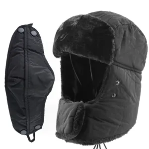 Black winter trapper hat with detachable face mask warm thick fleece earflap ushanka for cold weather.
