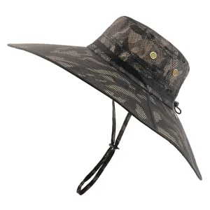 Detail view of the wide brim camo sun hat, showing mesh breathable fabric and adjustable cord.