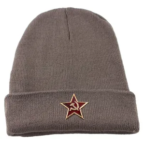 Gray knit beanie detail featuring a vintage red star hammer and sickle metal badge closeup.