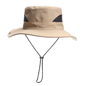 Khaki bucket hat for outdoor sun protection, breathable mesh design with adjustable wind rope.
