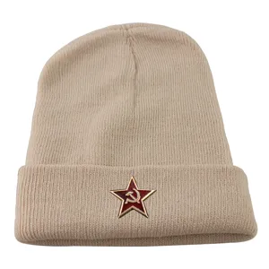 Beige knitted beanie with Soviet red star metal badge, trendy retro winter skullcap for men women.