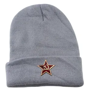 Grey knitted beanie hat with vintage Soviet red star hammer sickle badge for men and women