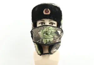 Thickened Camouflage Ushanka Hat with Soviet Badge Windproof Winter Outdoor Trapper Hat