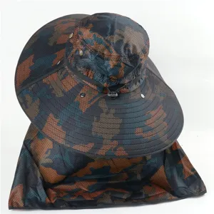 Outdoor camouflage sun bucket hat with oversized brim and breathable mesh shawl for fishing.