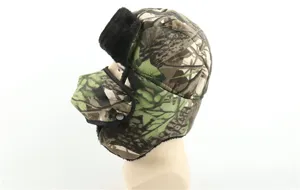 Winter thermal camo ushanka hat with earflaps and windproof face mask for outdoor cold.