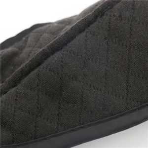 Detailed view of the warm winter hat fabric, featuring black quilted design and neat binding.