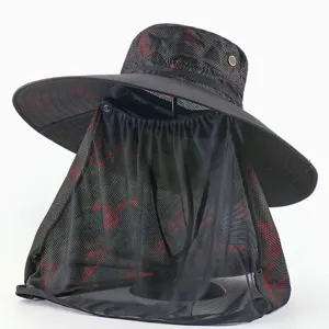 Outdoor anti-mosquito sun hat with wide brim, camouflage mesh veil for fishing hiking.