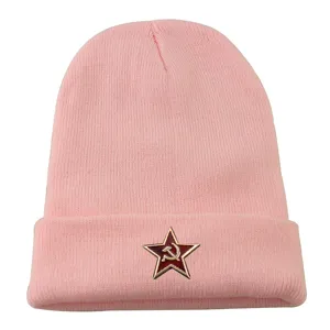 Pink knit beanie hat featuring Soviet red star hammer sickle badge for winter warm street wear