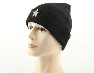 Black knit beanie hat with Soviet star badge unisex winter warm hip hop cap soft