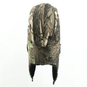 Detailed view of the winter warm camouflage ushanka hat with thick fleece ear flaps.