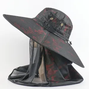 Outdoor camouflage bucket hat with mosquito net veil, extra large brim sun protection.